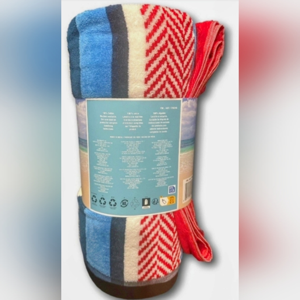 Red, White and Blue Striped Beach Towel for Two - Huge - 72" x 84"